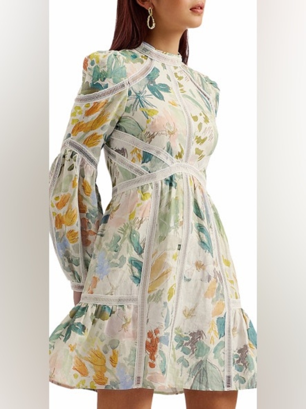 Ted Baker Tealan 100% Linen Floral Mini Dress size 5 12 L long sleeve